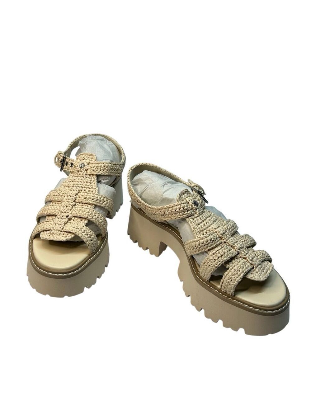 Dolce Vita Oatmeal Raffia Platform Sandals Size 11 Caged Ankle Strap Boho Chic N